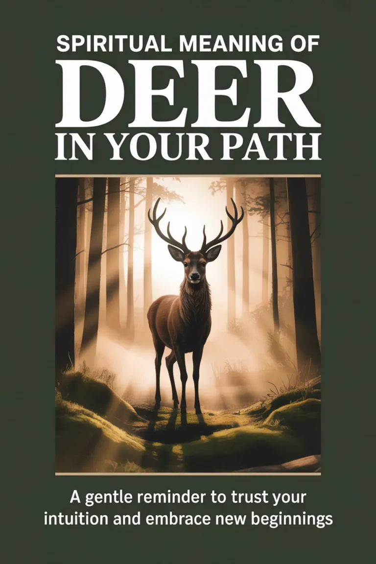An image featuring a majestic deer silhouetted against a soft, ethereal forest backdrop with golden sunbeams filtering through tall trees. The deer stands gracefully in the center, its antlers creating an elegant silhouette, while gentle mist swirls around its feet on a moss-covered forest floor. At the top of the image, bold white text reads "Spiritual Meaning of Deer in Your Path" in a clean, sans-serif font designed for mobile visibility. Below the deer, a smaller subtitle in warm golden text states "A gentle reminder to trust your intuition and embrace new beginnings."