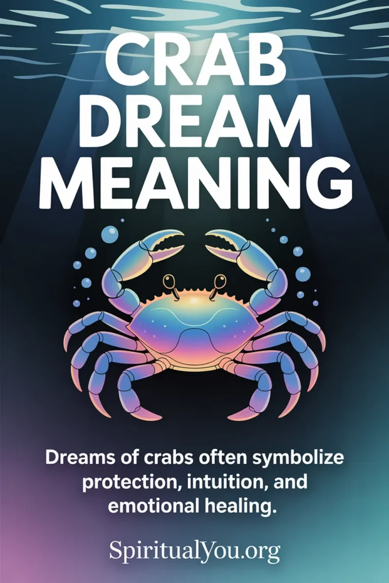 Mystical underwater design featuring a glowing crab illuminated in soft blue and purple light against a dreamy teal ocean background. The text reads “Crab Dream Meaning” and “Dreams of crabs often symbolize protection, intuition, and emotional healing.” Represents emotional awareness, boundaries, and inner renewal.