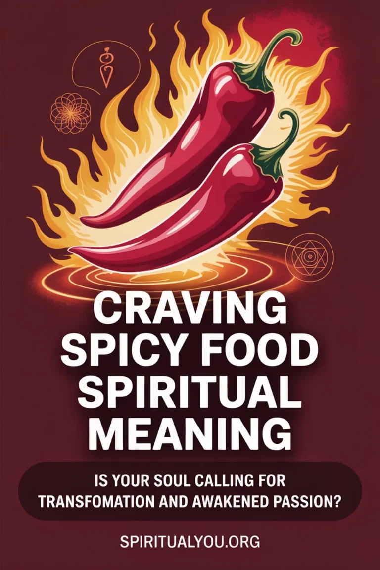 Fiery abstract imagery featuring bright red peppers radiating energy with subtle chakra symbols against a dark burgundy background, with title text "Craving Spicy Food Spiritual Meaning" and contemplative statement about awakened passion, symbolizing spicy food craving meaning, spiritual awakening signs, and transformation through food symbolism.