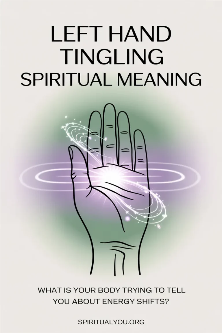 Ethereal design featuring a left hand with radiating light and energy particles in soft purple and green tones, symbolizing spiritual awakening and intuitive receiving. The overlay text Left Hand Tingling Spiritual Meaning guides viewers exploring the metaphysical meaning of tingling sensations, chakra imbalances, or spiritual downloads. This visual represents the connection between physical symptoms and spiritual messages, helping seekers understand signs from the universe and their energetic body.