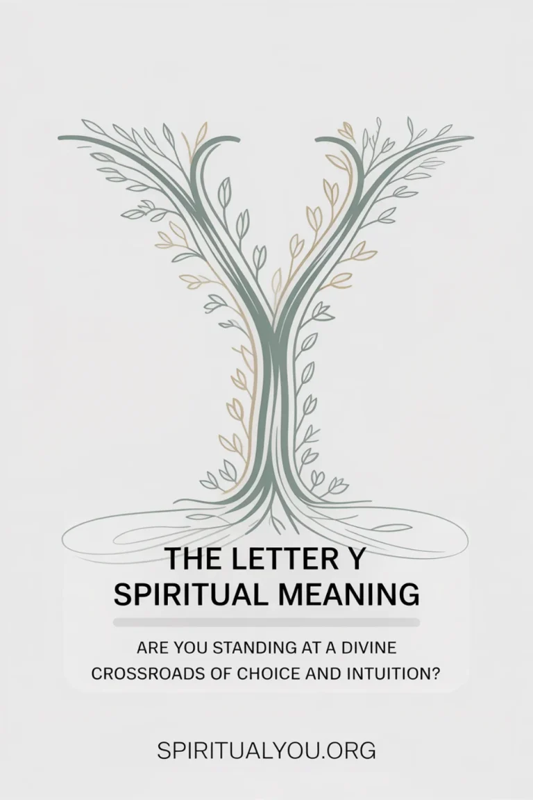 Elegant graphic of a letter Y shaped like a branching path with centered text “The Letter Y Spiritual Meaning” and the question “Are you standing at a divine crossroads of choice and intuition?” plus spiritualyou.org branding. Visualizes letter Y symbolism, decision making, and spiritual crossroads.