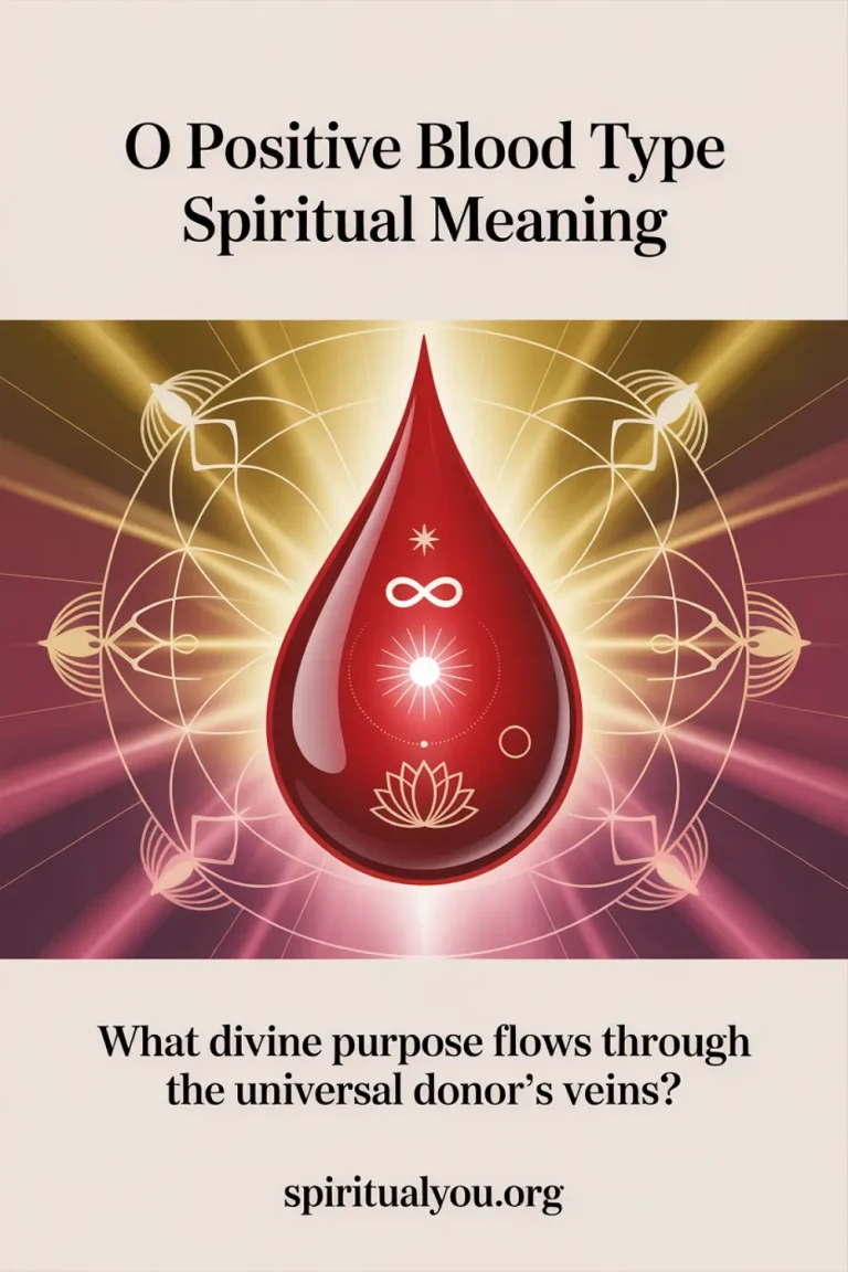 Ethereal spiritual imagery showing luminous red blood droplet with sacred symbols representing O positive blood type meaning and purpose, title text about O positive spiritual significance with contemplative question about universal donor divine mission, designed in burgundy gold and cream tones