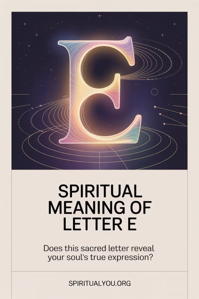 Ethereal artwork showing a radiant letter E surrounded by soft light waves and geometric lines, in jewel-tone blues and golds, with overlaid text “Spiritual Meaning of Letter E” and a contemplative sentence about what this sacred letter reveals, representing letter E symbolism, numerology guide, and spiritual meaning of alphabet letters.