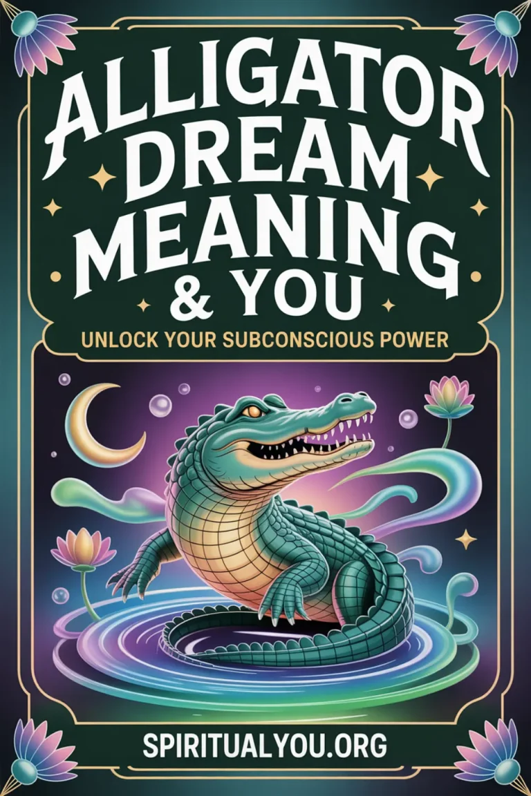 Ethereal artwork of a luminous alligator rising from swirling teal and purple waters with golden dream bubbles, lotus blossoms, and moon symbols floating nearby. Overlay text “Alligator Dream Meaning & You” conveys messages of subconscious strength, intuition, and personal transformation through dreams.