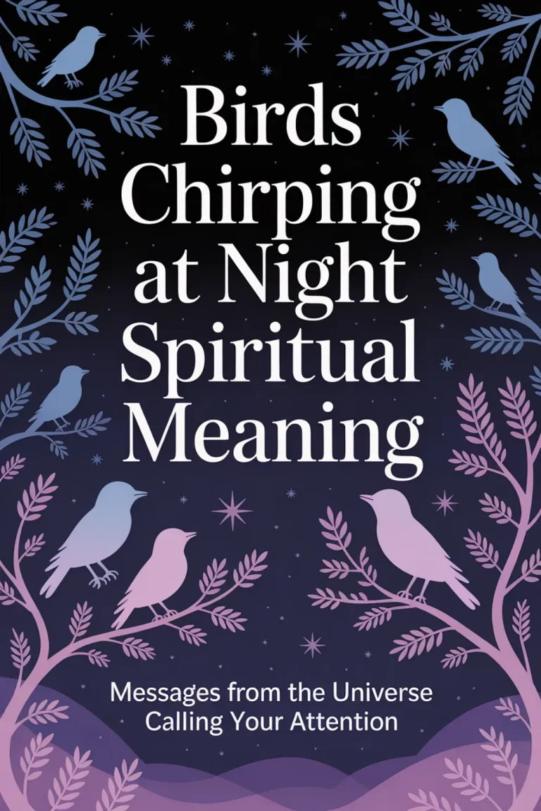 Mystical nighttime scene with silhouettes of birds perched on thin tree branches beneath a deep indigo starry sky. The text reads “Birds Chirping at Night Spiritual Meaning” and “Messages from the universe calling your attention.” Symbolizes spiritual awakening, divine communication, and intuitive awareness.