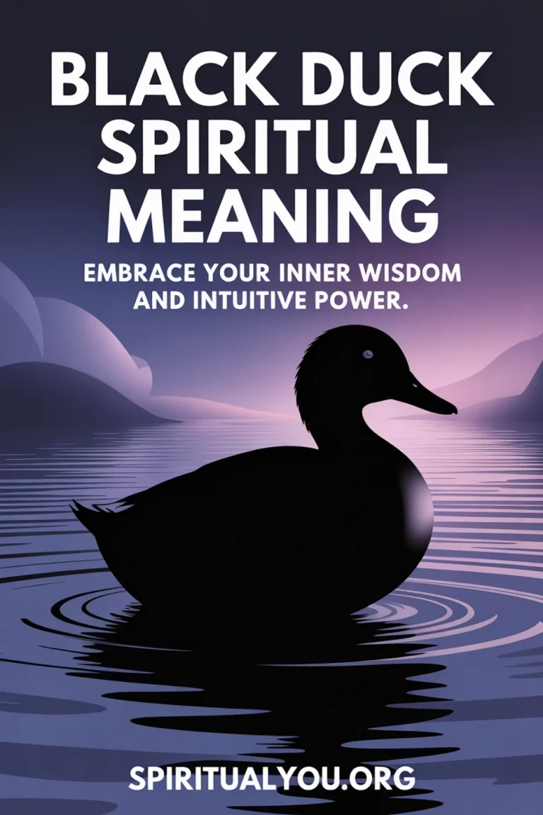 Majestic silhouette of a black duck gliding across calm reflective water beneath a twilight sky blending purple and deep blue tones. The text reads “BLACK DUCK SPIRITUAL MEANING” and “Embrace your inner wisdom and intuitive power.” Symbolizes introspection, emotional healing, and spiritual awareness.
