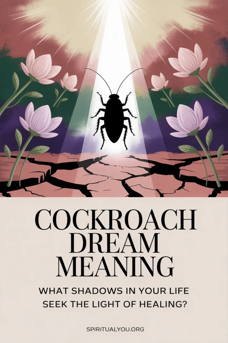Layered collage with shadowy cockroach emerging into light amid transforming cracked earth and lotuses, symbolizing resilience and shadow work. Text reads “Cockroach Dream Meaning” and “What shadows in your life seek the light of healing?”, highlighting cockroach dream meaning, spiritual symbolism, hidden fears, and transformation.