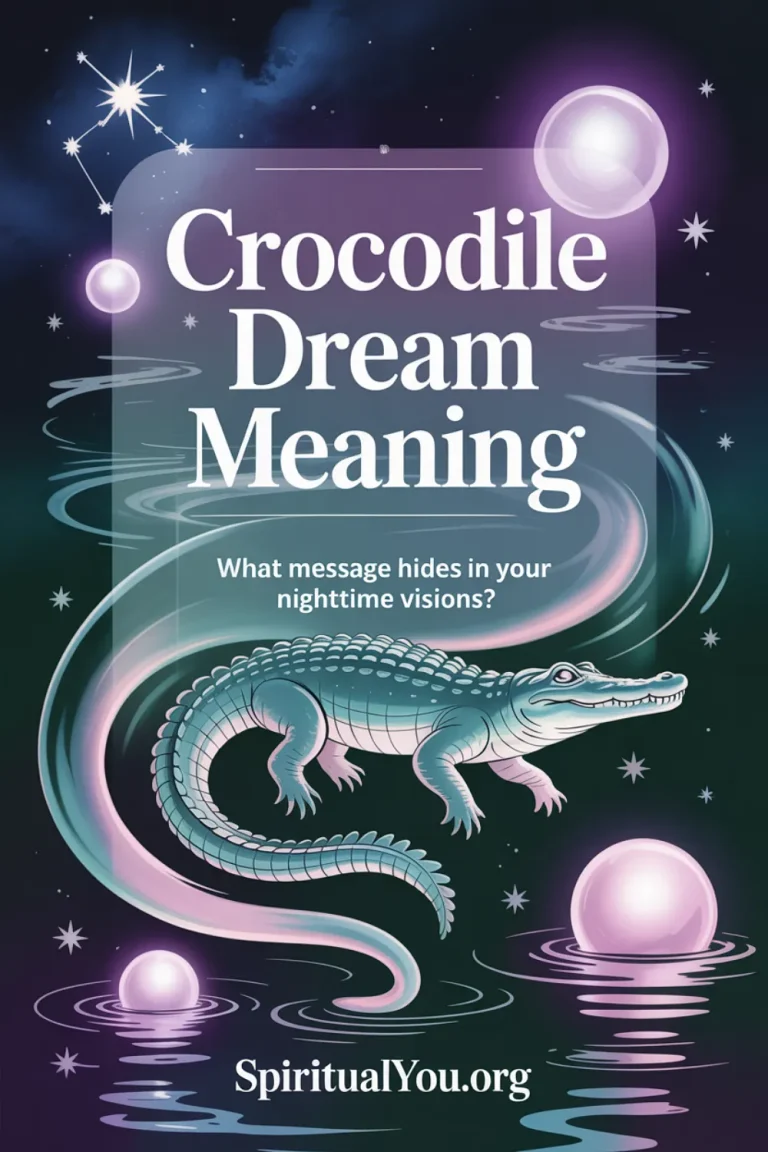 Dreamlike image showing a semi-transparent crocodile floating between shimmering water and a starry indigo sky, symbolizing subconscious fears, intuition, and spiritual protection in dreams. Soft teal and lavender hues, glowing orbs, and a crescent moon create a lucid dream feeling. Center text reads “Crocodile Dream Meaning” and “What message hides in your nighttime visions?”, reflecting crocodile dream meaning, spiritual signs, and hidden symbolism.