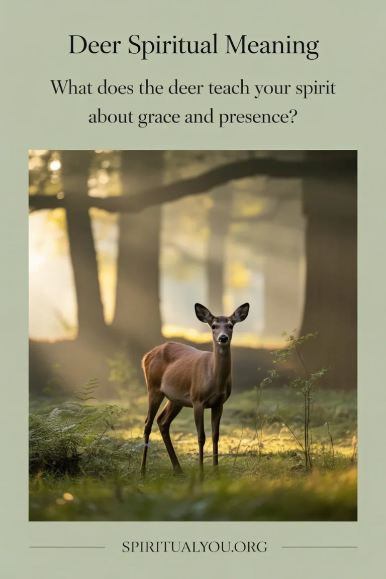 A serene deer standing in a golden forest, surrounded by misty light, symbolizing gentleness and intuition. Text on the image reads “Deer Spiritual Meaning – What does the deer teach your spirit about grace and presence?” A calm, nature-inspired design for spiritualyou.org exploring deer symbolism and spiritual messages.