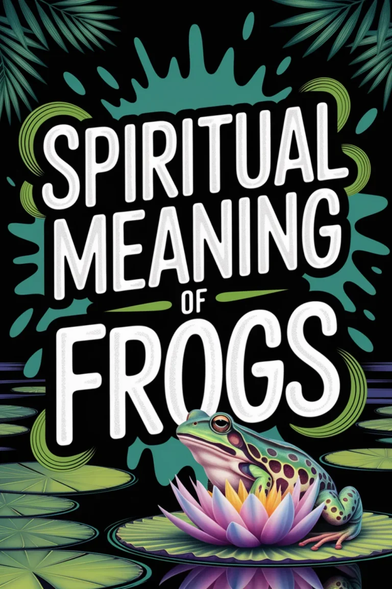 Handwritten text Spiritual Meaning of Frogs with bright green outlines displayed over a lush lily pond scene. Includes a high-quality photograph of a green frog on a flower and raindrops, symbolizing emotional cleansing, rebirth, and luck.