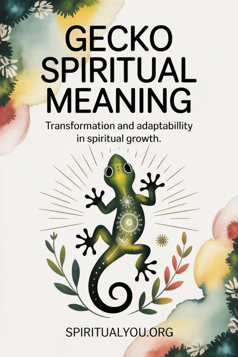 Watercolor-style design featuring a patterned gecko silhouette radiating ethereal light on a serene sage green and earthy backdrop. Includes the text “Gecko Spiritual Meaning” and “Transformation and adaptability in spiritual growth,” representing inner change, resilience, and spiritual awakening.