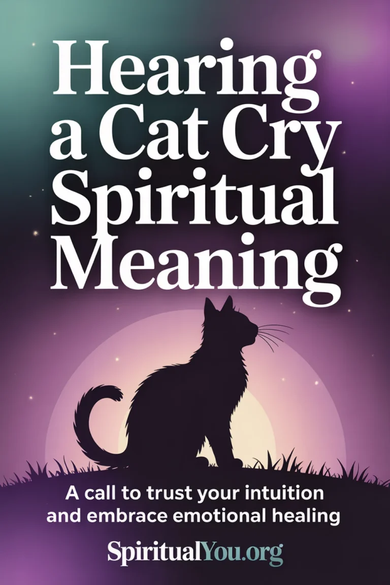 Mystical silhouette of a sitting cat against a soothing purple and teal gradient background with sparkling light effects. The image text reads “Hearing a Cat Cry Spiritual Meaning” and “A call to trust your intuition and embrace emotional healing.” Symbolizes spiritual awareness, emotional renewal, and intuitive messages connected to feline symbolism.