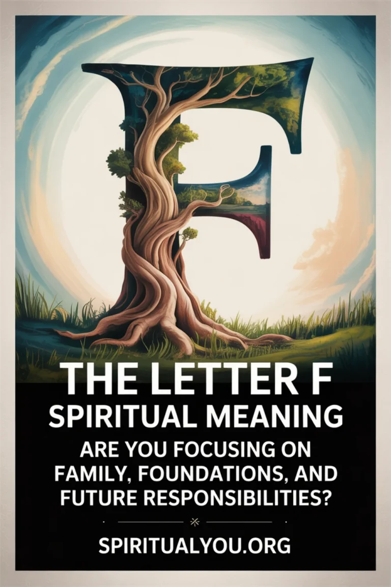 Sturdy design of the letter F resembling a structure with large, bold text “The Letter F Spiritual Meaning” and the question “Are you focusing on family, foundations, and future responsibilities?” plus spiritualyou.org branding. Visualizes letter F symbolism, family responsibility, and spiritual care.