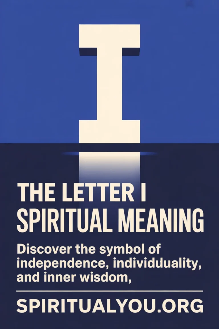 Elegant geometric design of an I shape standing tall with massive centered text “The Letter I Spiritual Meaning” and the statement “Discover the symbol of independence, individuality, and inner wisdom” with spiritualyou.org branding. Illustrates letter I symbolism, self signs, and spiritual focus.