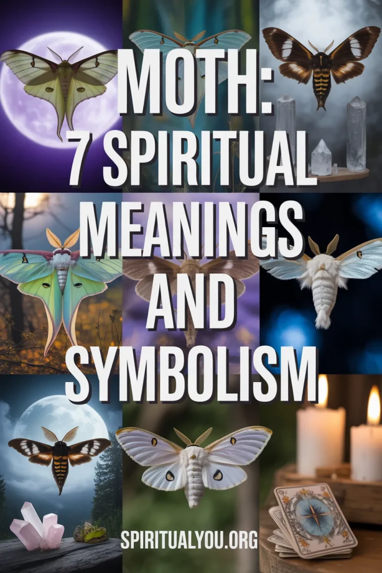 A mystical grid collage of diverse moths including a pale green luna moth, a death's-head hawkmoth, and a white moth in moonlit and candlelit settings. Bold groovy text reads moth: 7 Spiritual Meanings and Symbolism with spiritualyou.org branding, featuring crystals and tarot cards in a purple and gold color palette.