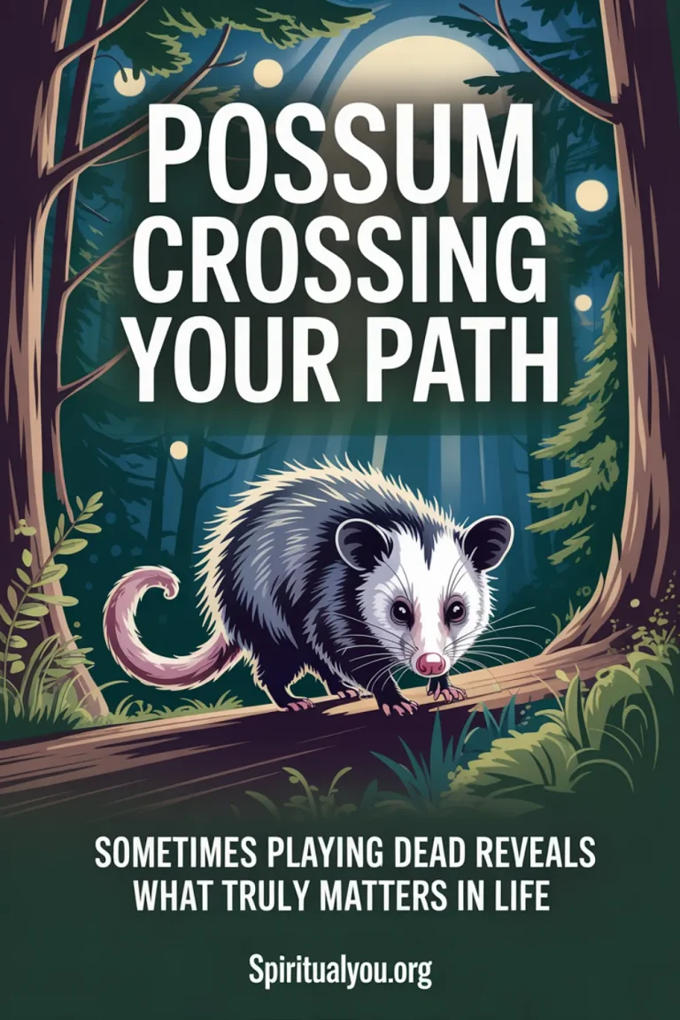 Mystical image of a silvery-gray Virginia opossum glowing with an amber aura as it walks along a moonlit forest path. Rays of soft moonlight and dreamy bokeh shine through tall pines and oaks. Text reads “Possum Crossing Your Path” with the quote “Sometimes playing dead reveals what truly matters in life,” symbolizing wisdom and spiritual renewal.