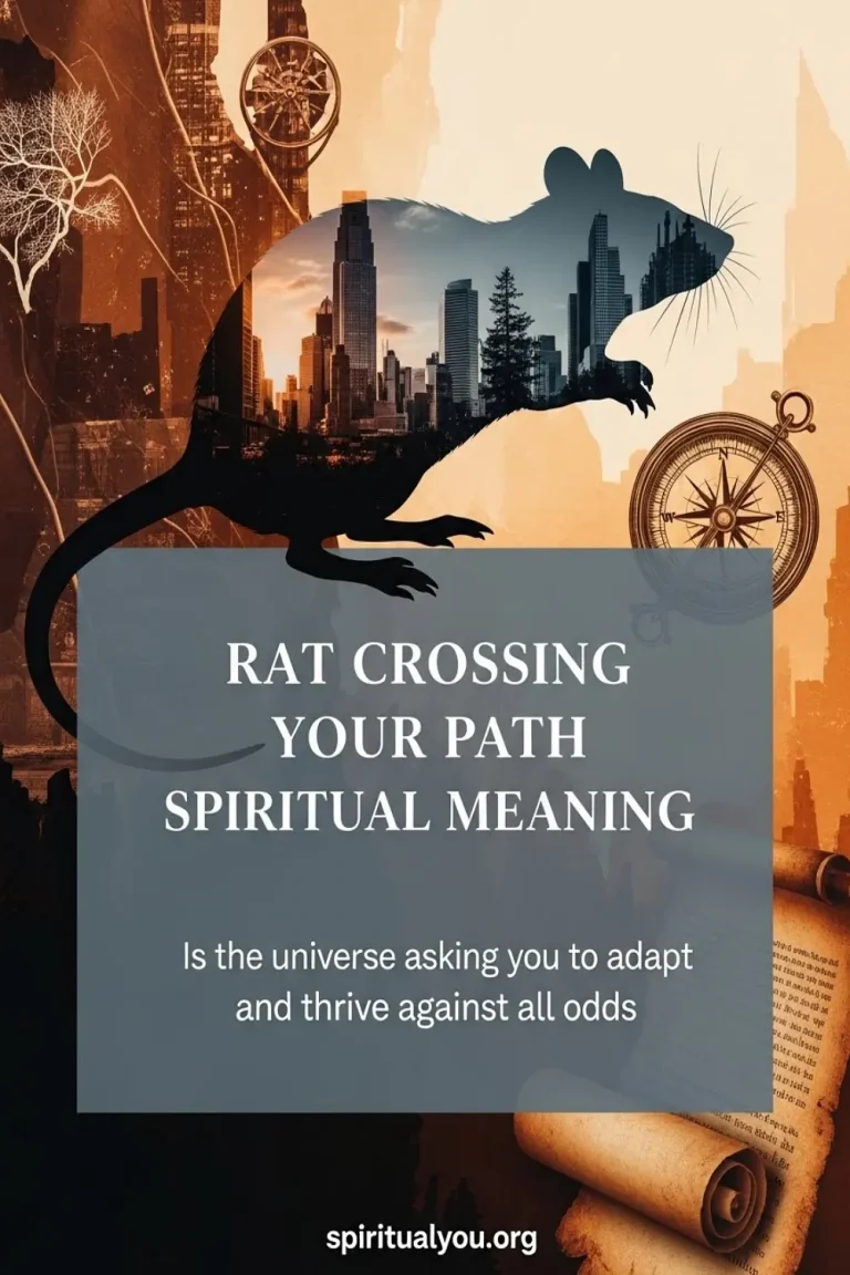 A sophisticated collage with a rat silhouette and bronze textures illustrating the spiritual meaning of a rat crossing your path. Text overlays explain the symbolism of resourcefulness and survival, featuring the title "Rat Crossing Your Path Spiritual Meanings" and the website spiritualyou.org.