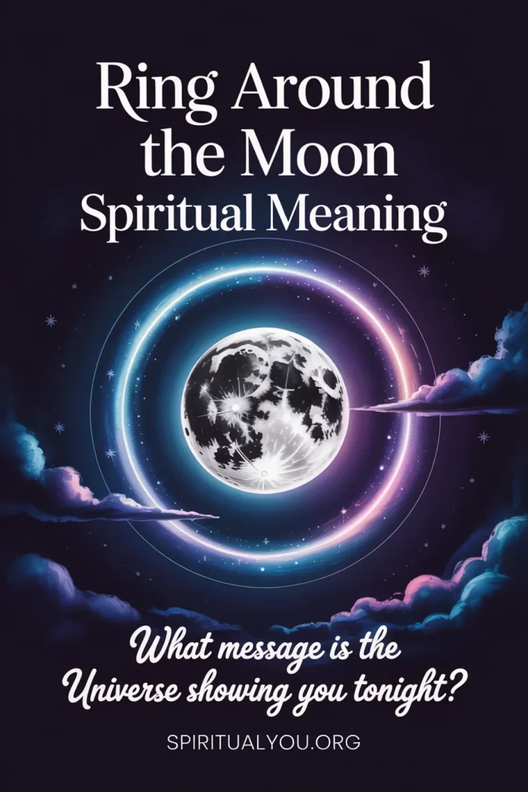 A serene night sky featuring a bright full moon surrounded by a glowing halo, symbolizing spiritual signs and divine messages. Text reads “Ring Around the Moon Spiritual Meaning – What message is the universe showing you tonight?” in elegant silver over a dark indigo background.
