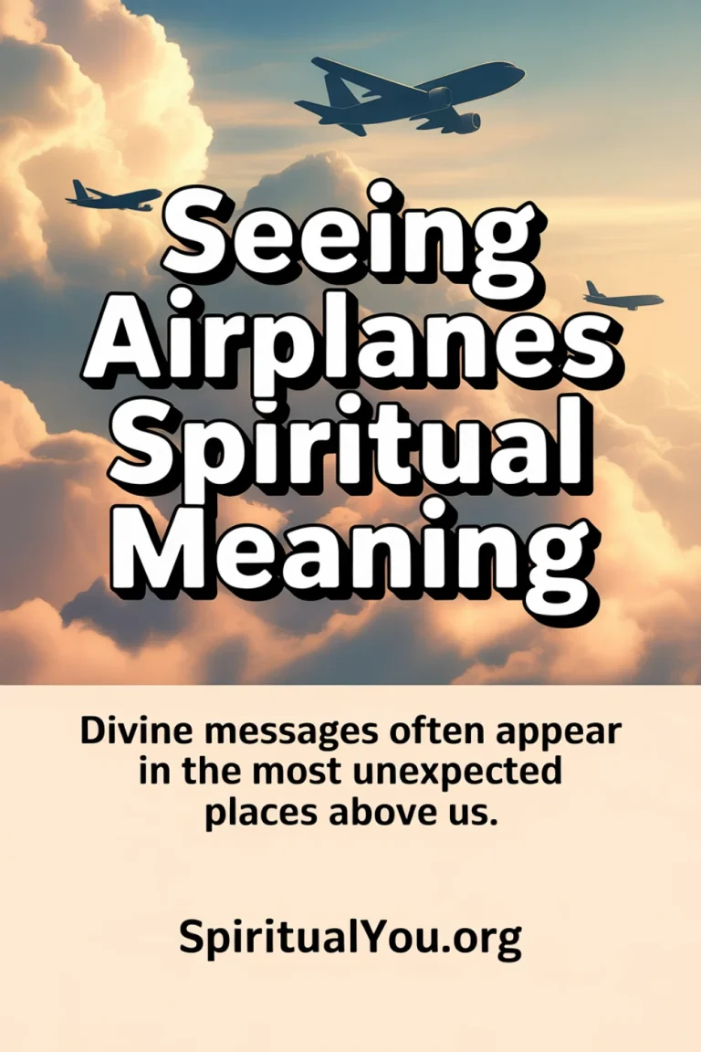 Dreamy golden-hour sky with soft, ethereal clouds and several airplane silhouettes flying high. The text reads “Seeing Airplanes Spiritual Meaning” and “Divine messages often appear in the most unexpected places above us.” The image symbolizes divine guidance, transformation, and spiritual elevation.