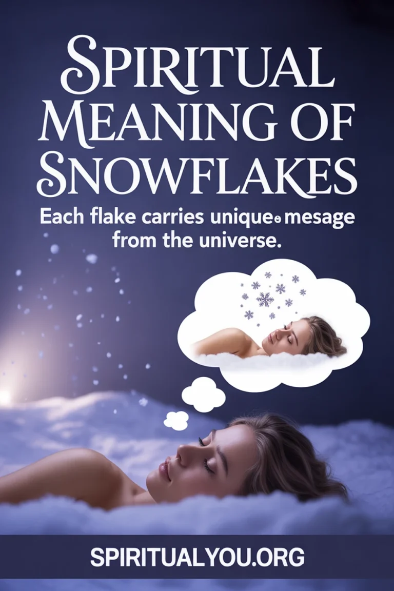 Dreamy illustration showing person sleeping with thought bubble containing another dreaming figure with snowflakes, text reads "Spiritual Meaning of Snowflakes - Each flake carries a unique message from the universe" on purple-blue gradient background with falling snowflakes, spiritualyou.org website, representing winter spirituality symbolism and divine messages in nature