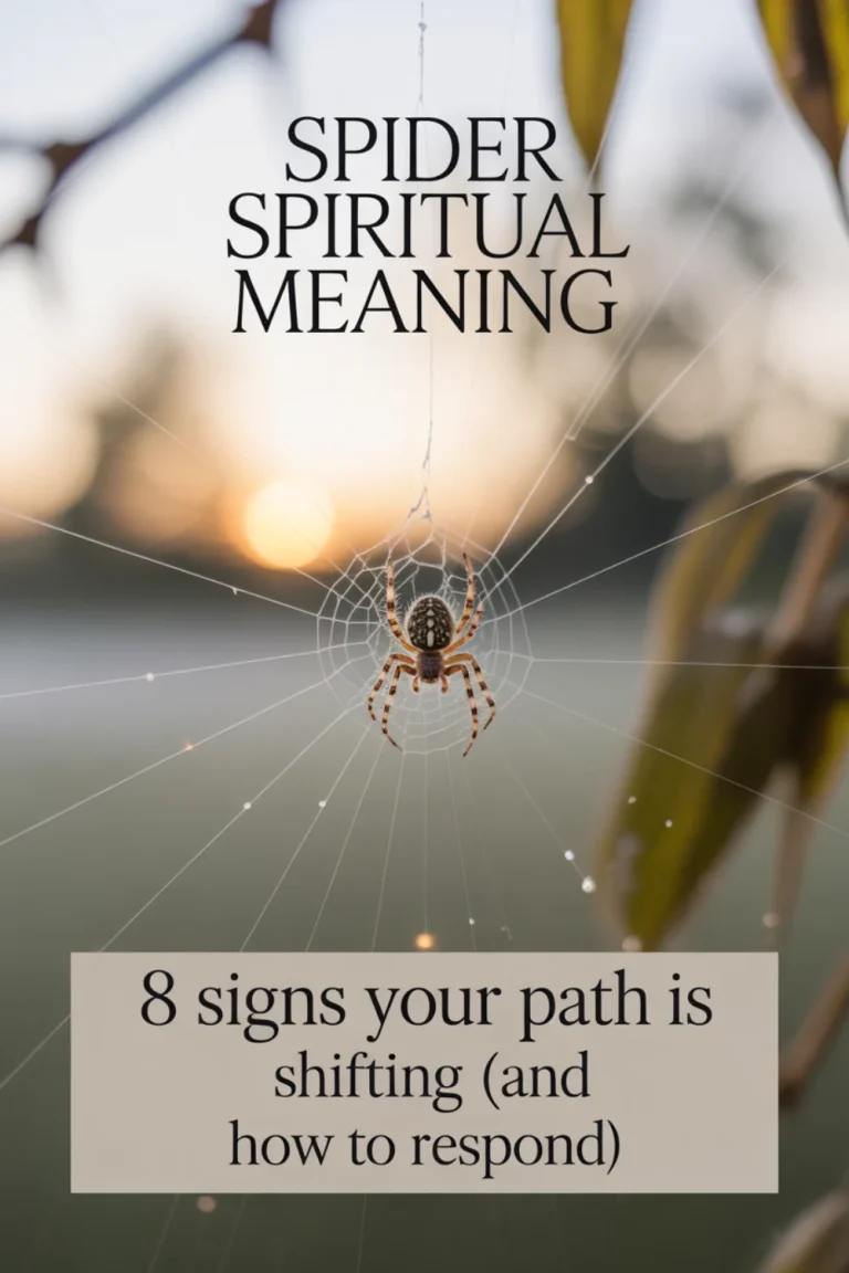 Spider Spiritual Meaning” text over an elegant spider on a dew-covered web at sunrise; “8 signs your path is shifting (and how to respond)