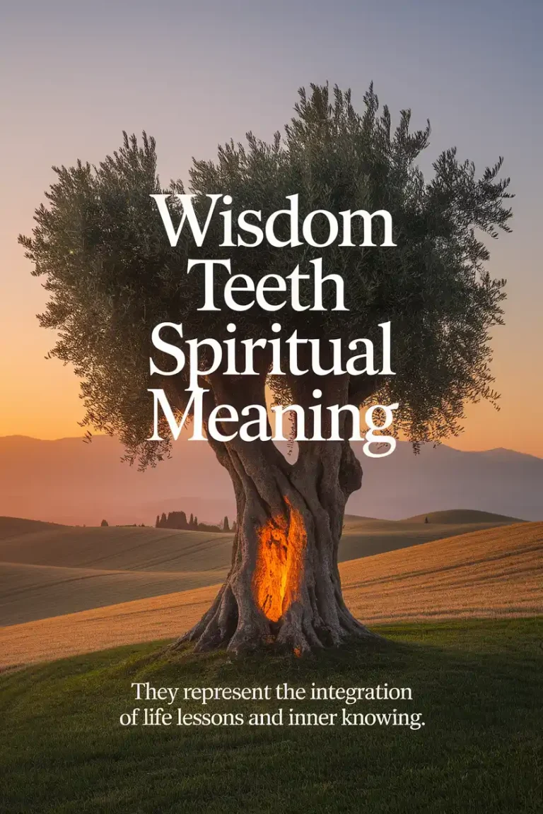 A photograph in the style of National Geographic, bathed in the warm glow of a setting sun, depicts a single, ancient olive tree standing on a gentle, rolling hillside. Etched into the gnarled bark of the tree, glowing with an inner luminescence, is the phrase "Wisdom Teeth Spiritual Meaning" in elegant, serif lettering, large enough to be easily legible on a mobile screen; below it, subtly inscribed, reads "They represent the integration of life lessons and inner knowing." The background consists of a hazy expanse of golden wheat fields stretching towards distant, amber-colored mountains, creating a sense of timelessness and profound serenity.