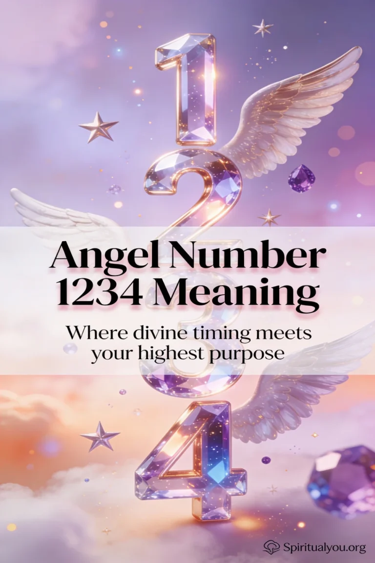 Ethereal 3D art of glowing angel number 1234 with soft impressionist effect and pastel dreamscape. Luminous crystalline numbers float surrounded by delicate angelic wings, celestial stars, and mystical light particles in lavender, rose gold, and amethyst tones. Semi-transparent text overlay reads "Angel Number 1234 Meaning" with the reflection "Where divine timing meets your highest purpose." Spiritualyou.org branding appears subtly at the bottom, set against a dreamy cloud background with bokeh effects.