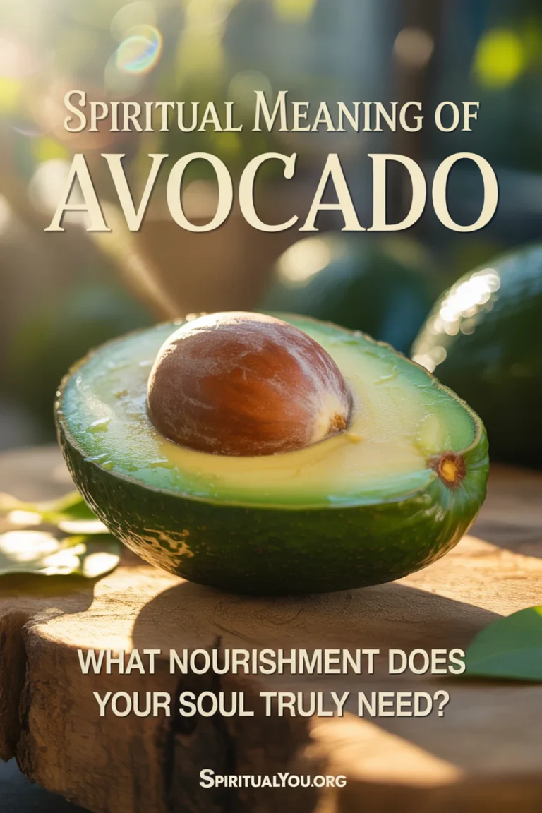Beautiful high-resolution photograph of a perfectly ripe avocado cut in half showing vibrant green creamy flesh and large brown seed on natural wooden surface with soft morning light. Fresh water droplets catch the light on the smooth texture with soft bokeh background featuring green leaves. Subtle golden light effects and energy waves suggest spiritual abundance and nourishment. White text overlay reads "Spiritual Meaning of Avocado" with the nourishing question "What nourishment does your soul truly need?" clearly displayed, and spiritualyou.org branding visible in the corner.