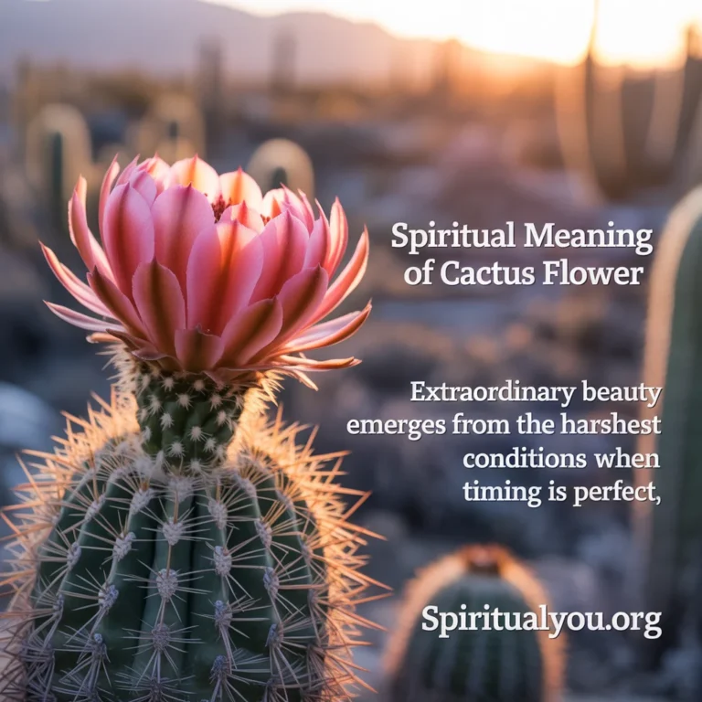 High-definition photograph of a vibrant magenta cactus flower in full bloom emerging from a spiny desert cactus against a soft-focus golden desert sunset background with natural bokeh. The text "Spiritual Meaning Of Cactus Flower" appears in elegant white serif typography with subtle shadow, with the subtitle "Extraordinary beauty emerges from the harshest conditions when timing is perfect" on a semi-transparent warm overlay.