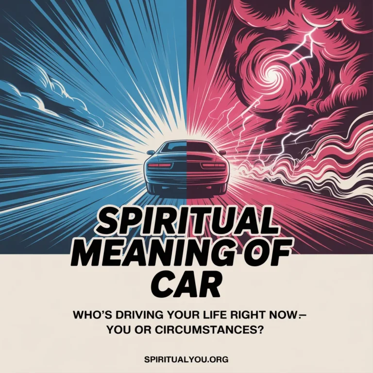 High-contrast abstract artwork showing two opposing scenarios of vehicle symbolism—one depicting order and control with bright skies, the other showing chaos with turbulent patterns in electric blue, red, yellow, and black. The bold text "Spiritual Meaning Of Car" dominates the center in impactful typography, with thought-provoking subtitle text about life control below, and spiritualyou.org branding at the bottom of this duality-themed spiritual illustration.