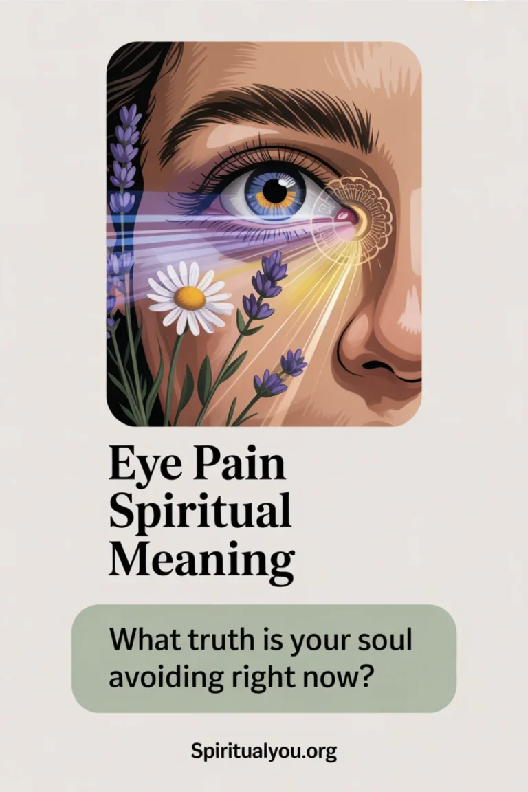 Artistic close-up of a human eye overlaid with healing botanical elements and light rays, representing the spiritual meaning of eye pain, with text asking what truth the soul is avoiding.