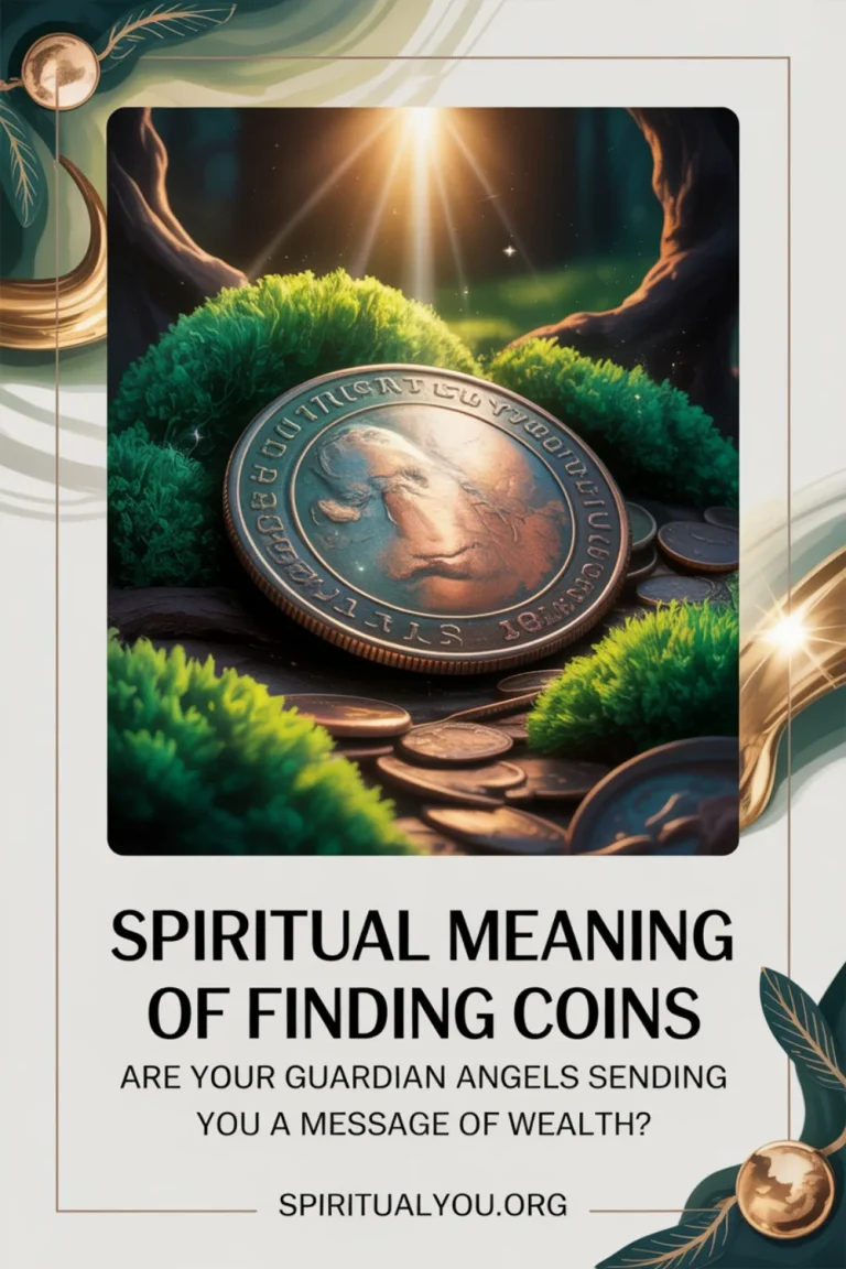 A vertical Pinterest-style design featuring a close-up photograph of an ancient, weathered coin nestled among vibrant emerald moss on a forest floor. The coin displays intricate patina in antique copper tones, catching a single ethereal beam of golden sunlight that filters through the canopy above, creating a magical spotlight effect. The layered collage composition incorporates mystical elements like subtle sparkles and soft light rays, overlaid with a semi-transparent dark box containing the bold title "Spiritual Meaning Of Finding Coins" and subtext "Are your guardian angels sending you a message of wealth?" in clean, modern sans-serif typography. The design maintains ample white space with forest green and gold accents, finishing with "spiritualyou.org" centered at the bottom for mobile optimization.