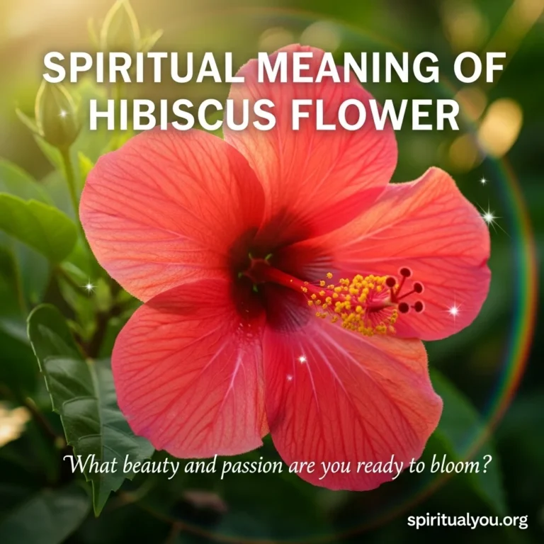Stunning high-resolution photograph of a vibrant red hibiscus flower in full bloom showing intricate petal details, delicate stamen, and soft texture illuminated by warm golden sunlight. Lush emerald green foliage creates natural bokeh in the background with subtle rainbow light refractions and sparkle effects around the blossom suggesting divine energy. White text overlay reads "Spiritual Meaning of Hibiscus Flower" with the empowering question "What beauty and passion are you ready to bloom?" clearly displayed, and spiritualyou.org branding visible in the corner.