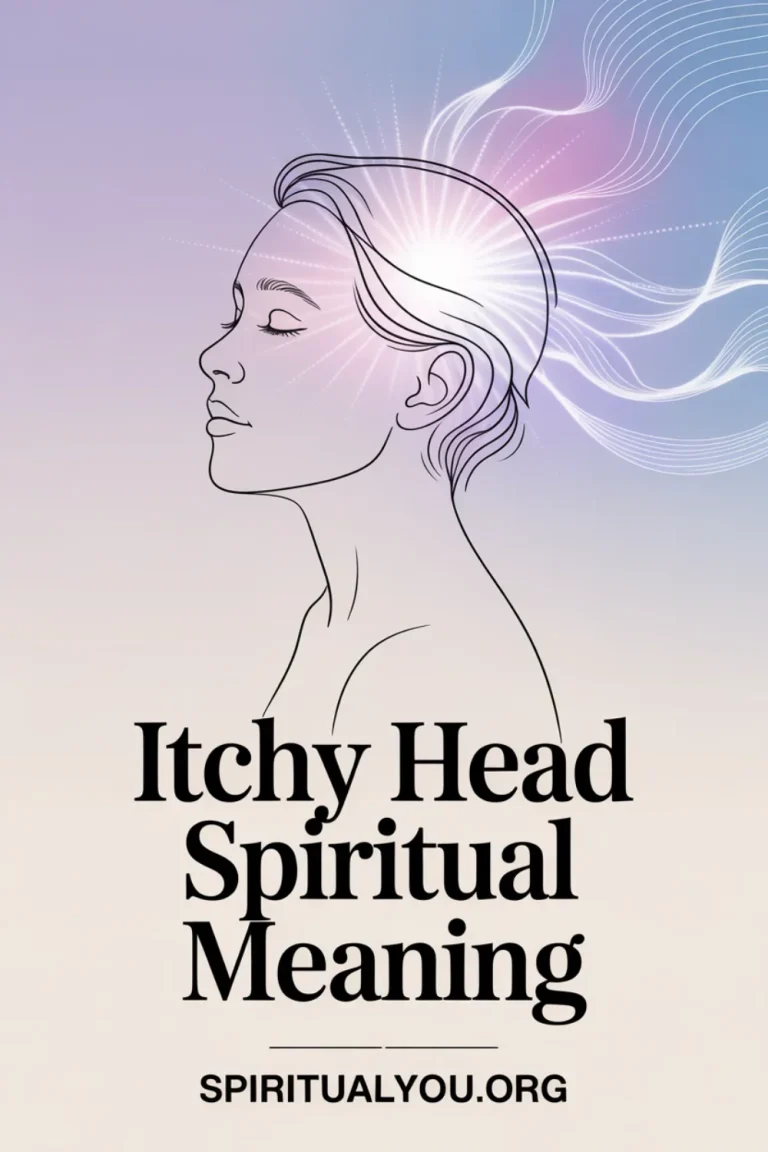 Itchy head spiritual meaning design with minimalist profile silhouette and crown chakra energy waves in lavender and blue gradient, featuring bold title text "Itchy Head Spiritual Meaning" with sacred geometry and spiritualyou.org branding for spiritual signs and divine messages.