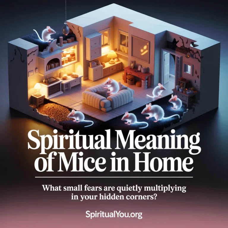 Illustrated cross-section view of a fantasy home interior with glowing mice moving through shadowy spaces, illuminated by ethereal silver-white light. Warm household lighting contrasts with cool shadows, highlighting details like stored food, cracks, and small openings. The prominent title "Spiritual Meaning Of Mice In Home" is in elegant serif font, with the question "What small fears are quietly multiplying in your hidden corners?" subtly overlaid. The scene blends abundance and vulnerability, symbolizing spiritual messages about fear and hidden spaces.