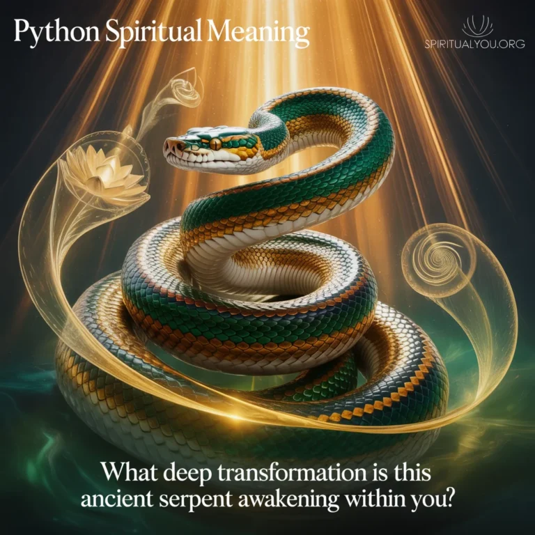Cinematic digital painting of a majestic python coiled in an elegant spiral under cascading golden light beams, with shimmering emerald green and bronze scales reflecting divine radiance. Ethereal symbols like spirals, lotus petals, and sacred geometry swirl in a luminous energy field around its wise amber eyes. Text reads "Python Spiritual Meaning" and "What deep transformation is this ancient serpent awakening within you?" with "spiritualyou.org" in the corner.