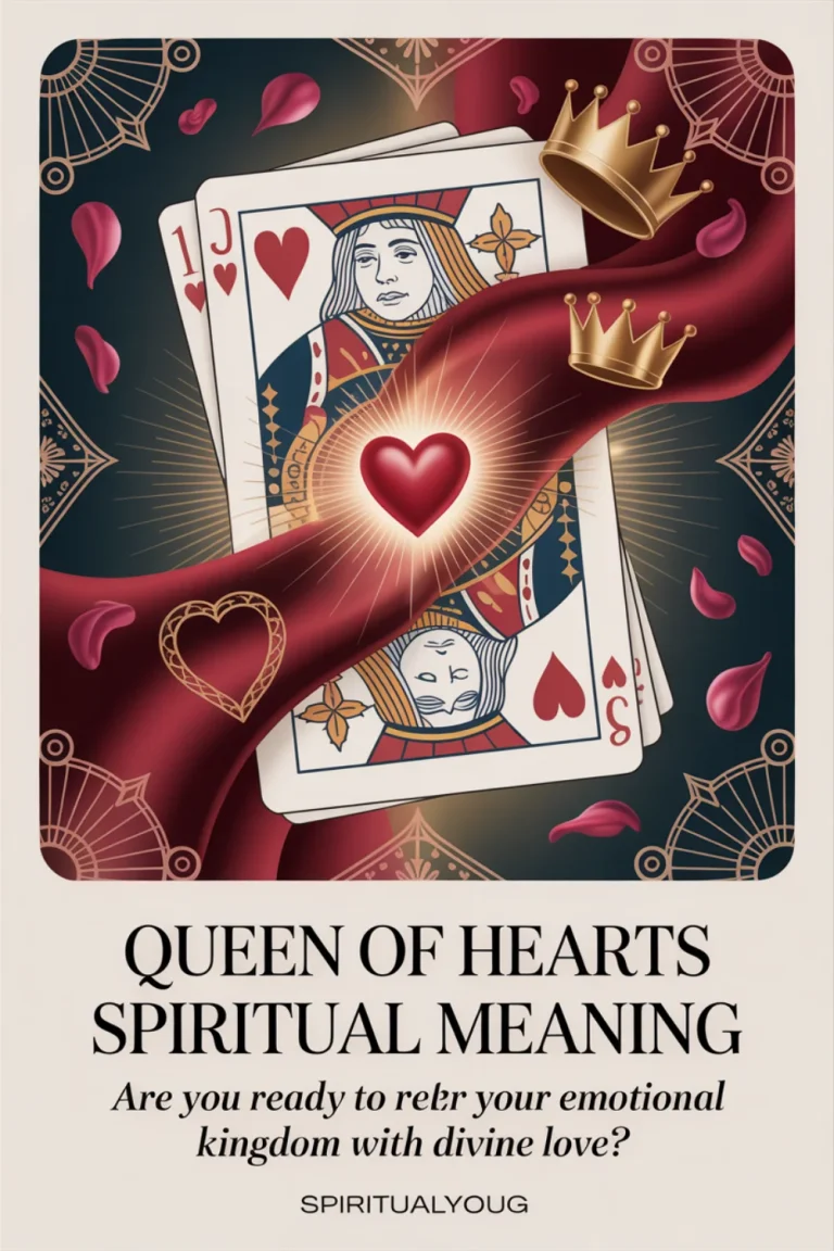 Queen of Hearts spiritual meaning illustrated through artistic collage combining playing card imagery with ethereal heart symbols, rose petals, golden crown, and sacred geometry in crimson and rose gold tones with the text "Queen Of Hearts Spiritual Meaning" and question about reigning over emotional kingdom with divine love displayed in regal serif and script typography with spiritualyou.org branding.