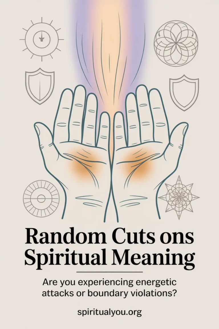 Random cuts on hands spiritual meaning illustrated through minimalist line art showing open palms with small glowing marks transforming into light, surrounded by protective symbols and healing energy patterns, rendered in soft teal and amber tones with the text "Random Cuts On Hands Spiritual Meaning" and question about energetic attacks displayed in modern sans-serif typography with spiritualyou.org branding.​