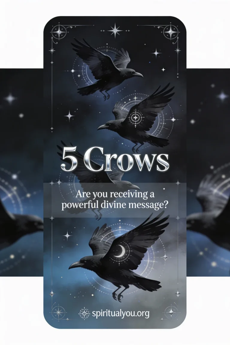A mystical spiritual image featuring five black crows in flight against a moody background of deep charcoal, midnight blue, and silver tones. The crows are rendered with spiritual symbolism, each radiating divine energy and mystical presence. Celestial elements, stars, and spiritual symbols frame the birds. Bold title "5 Crows" is centered in elegant, modern typography with silvery-white coloring. Semi-transparent overlay text reads "Are you receiving a powerful divine message?" The design conveys magic, mystery, spiritual awakening, and cosmic communication with spiritualyou.org branding and substantial white space.