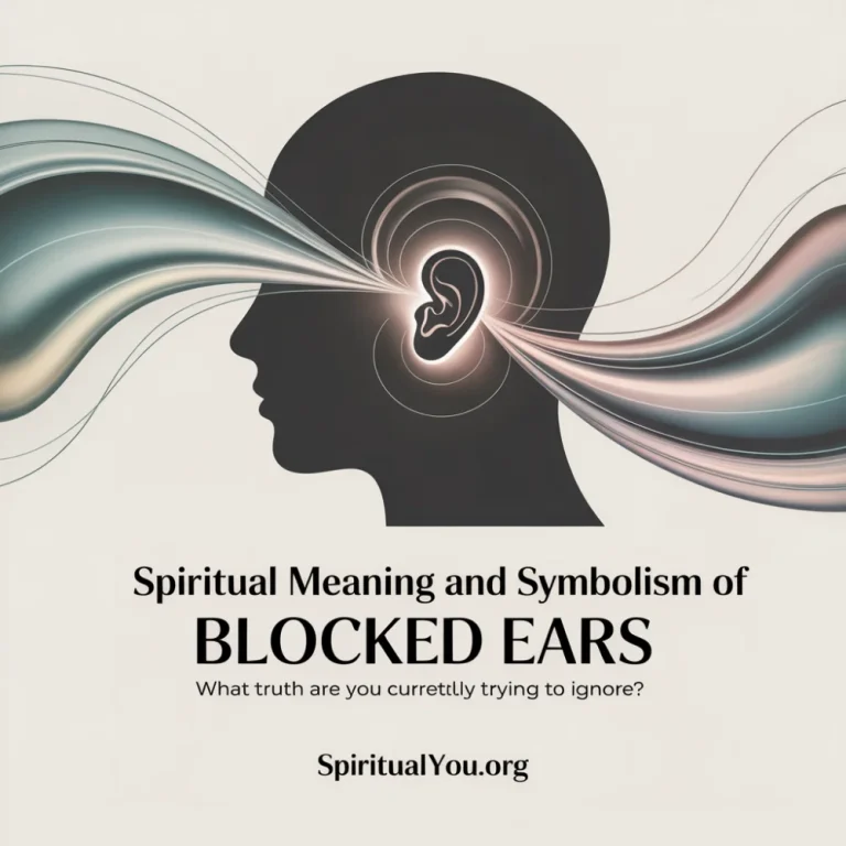 An abstract illustration of a person with hands near their ears, surrounded by muted indigo swirls. The text reads Spiritual Meaning And Symbolism Of Blocked Ears, asking what truth is being ignored. The image conveys the metaphysical concept of resistance to hearing wisdom or stubbornness manifesting as physical blockage.
