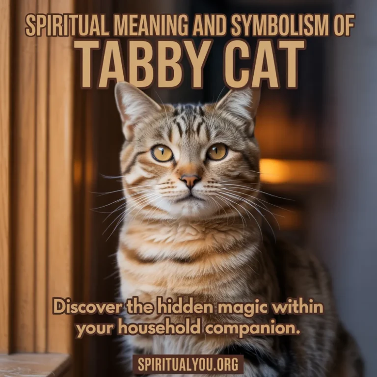 A close-up portrait of a tabby cat with green eyes and the classic M marking on its forehead. The text reads Spiritual Meaning And Symbolism Of Tabby Cat, inviting viewers to discover hidden magic. The image captures the warmth and intuitive nature of cats as spiritual companions and house guardians.