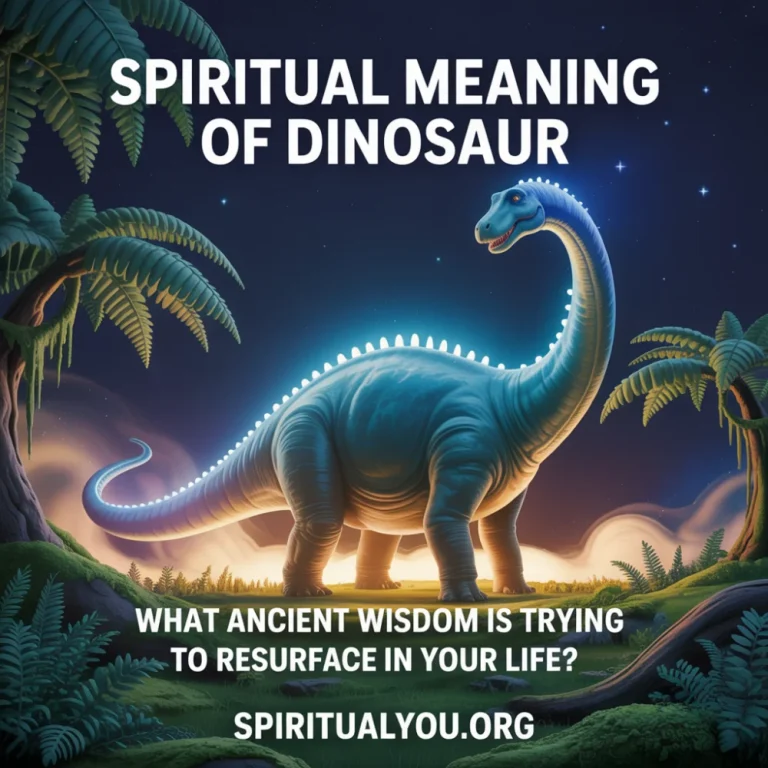 Pixar-style 3D art of a glowing blue Brontosaurus silhouette against a starry night sky. Text reads Spiritual Meaning of Dinosaur. This pin explores the symbolism of dinosaurs in dreams and spirituality, representing ancient wisdom, primal strength, and the resurfacing of old memories or traits.