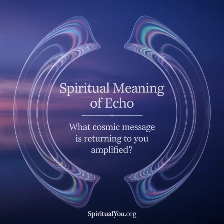 Abstract design showing ethereal sound wave visualization with concentric circles rippling outward against deep twilight background blending navy blue and purple hues, featuring shimmering light particles and trails suggesting sound traveling through cosmic space, centered bold text "Spiritual Meaning of Echo" in elegant serif font with contemplative question below asking "What cosmic message is returning to you amplified?" semi-transparent gradient overlay from deep purple to clear at 55% opacity, spiritualyou.org branding at bottom, designed for spiritual seekers exploring echo symbolism and universe messages.