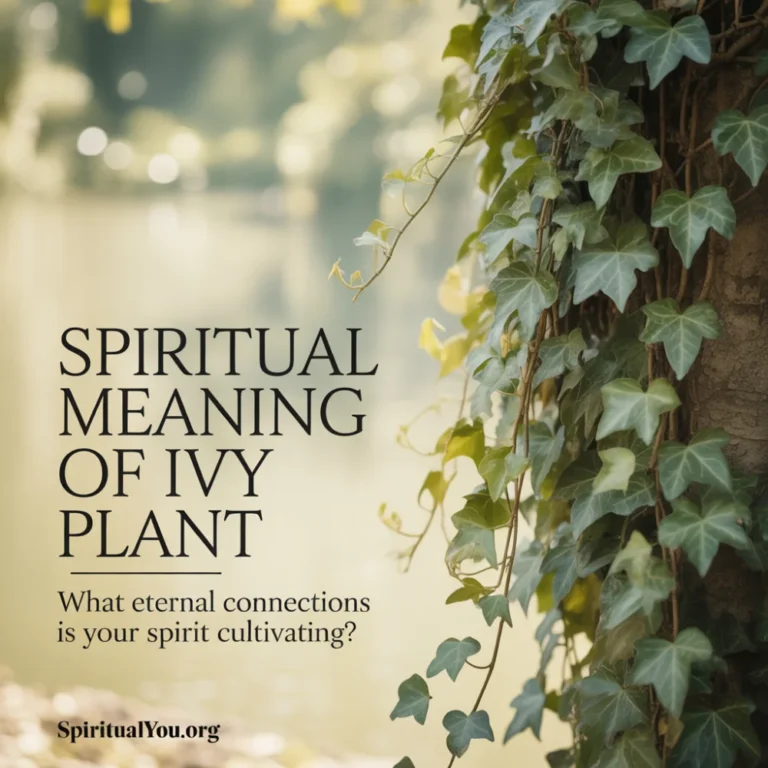 Nature-inspired vertical design featuring rich green ivy plant with cascading vines and detailed leaves photographed against dreamy soft-focus background blending warm cream and soft sage colors, gentle lighting creating ethereal atmosphere, prominent title "Spiritual Meaning of Ivy Plant" in elegant organic serif typeface centered with contemplative question about spirit cultivating eternal connections, semi-transparent cream overlay behind text, spiritualyou.org branding visible, color palette of emerald green, sage, cream and gold touches, optimized for understanding spiritual significance of ivy and eternal growth symbolism.
