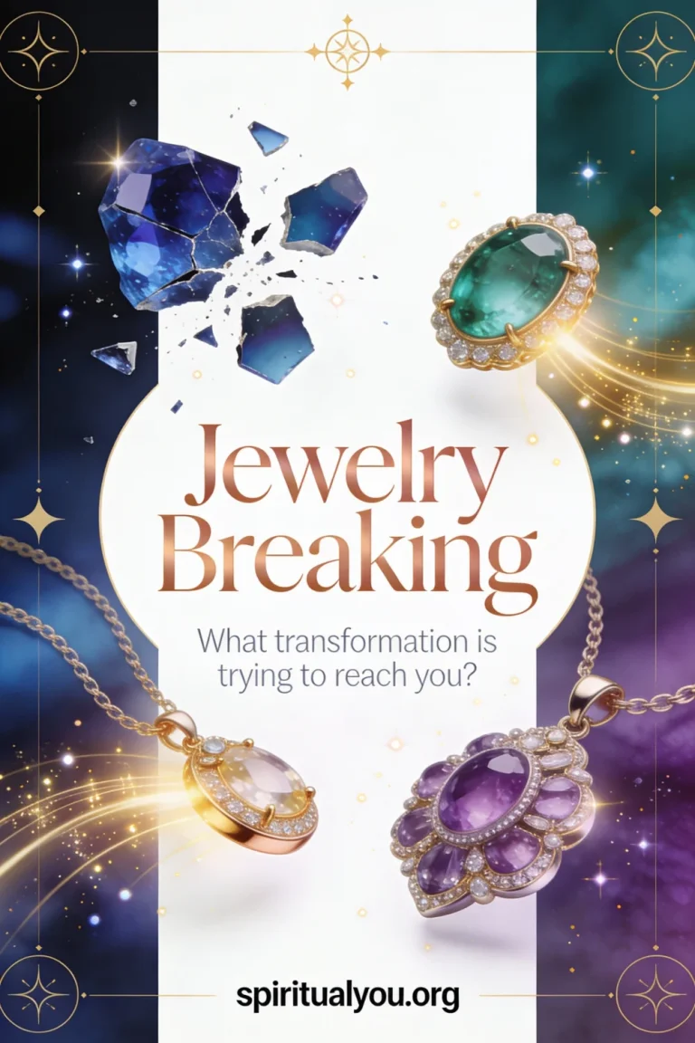 A stunning spiritual image featuring various pieces of jewelry breaking, shattering, or fragmenting, rendered with beautiful golden light and spiritual energy flowing from each piece. The background blends deep jewel tones—sapphire, emerald, and amethyst—with warm gold accents creating an atmosphere of transformation. Bold title "Jewelry Breaking" is centered in elegant, sophisticated typography with rose-gold coloring. Semi-transparent text reads "What transformation is trying to reach you?" The design incorporates symbolism of release, spiritual evolution, and breaking from old patterns. Shimmering light particles and divine guidance symbols frame the jewelry with spiritualyou.org branding.