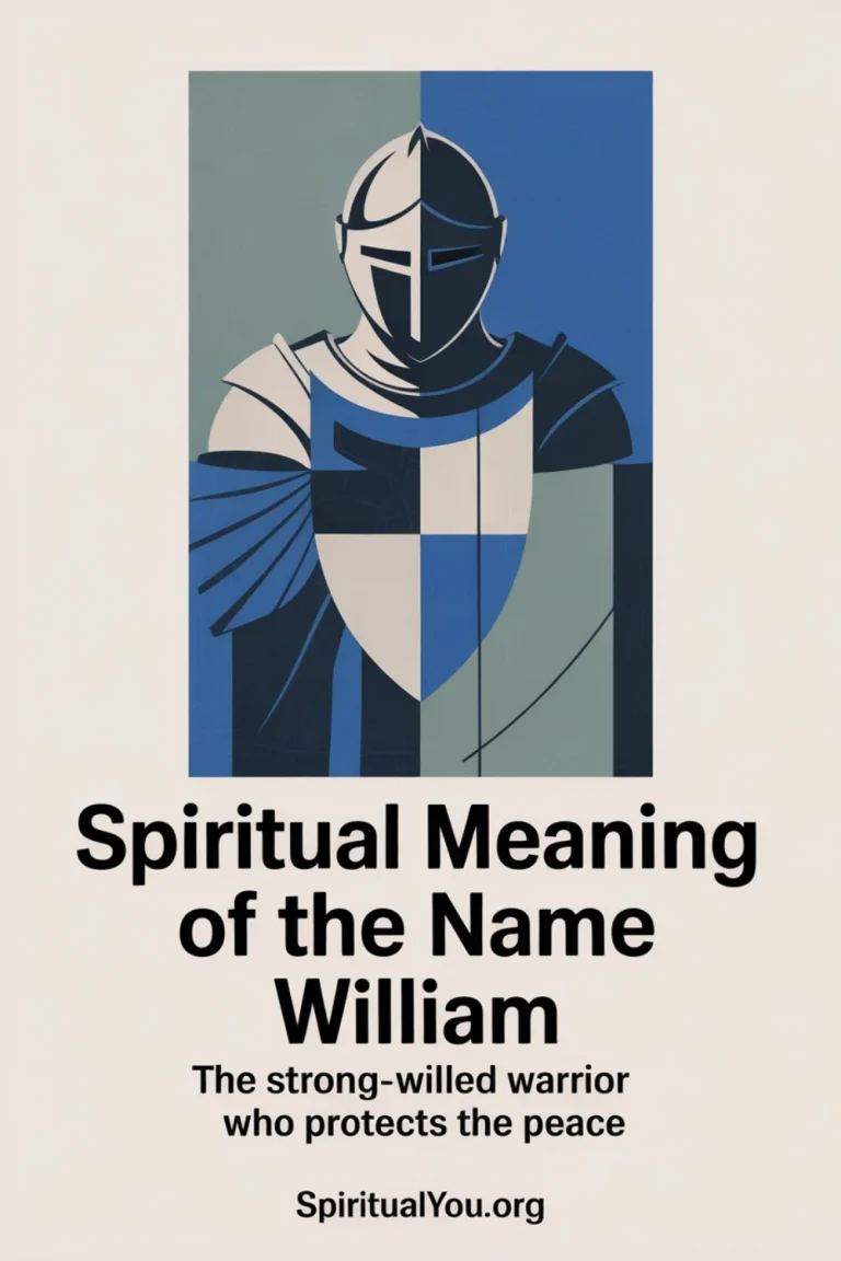 A stylized shield and geometric design representing the spiritual meaning of the name William, with text about protection and will.