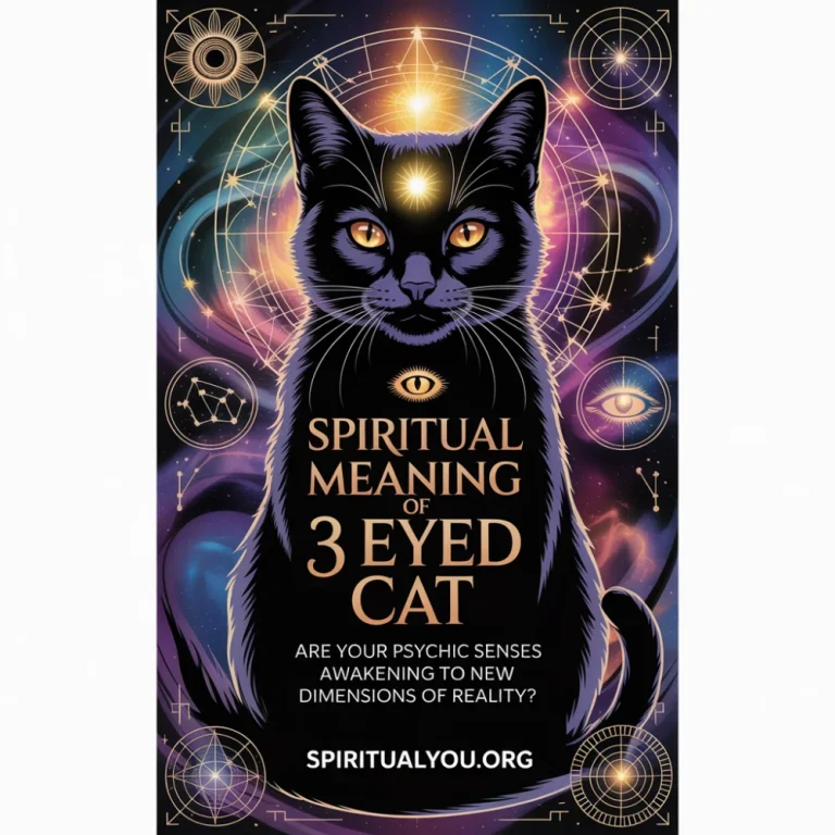 A mystical illustration of a cat with a glowing third eye on its forehead surrounded by stars. Text on the image questions if the viewer's psychic senses are awakening. It represents the connection between felines and intuition. Branding for spiritualyou.org is at the bottom.