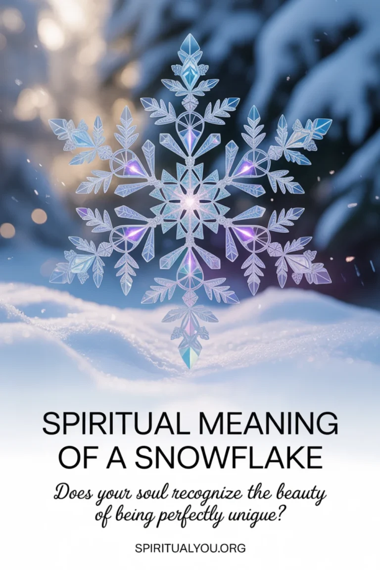 Spiritual meaning of a snowflake represented through abstract crystalline design showing intricate six-pointed snowflake with sacred geometry patterns surrounded by soft bokeh lights and falling snow, rendered in icy blue and silver tones with the text "Spiritual Meaning Of A Snowflake" and question about being perfectly unique displayed in elegant modern and script typography with spiritualyou.org branding.