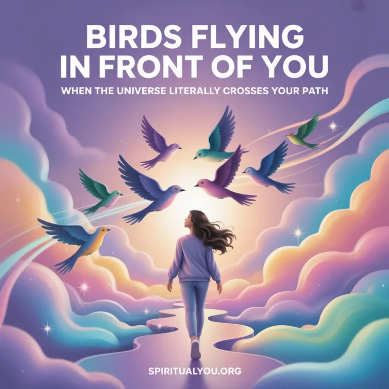 Vertical pastel illustration of a young woman walking while glowing birds cross directly in front of her face with motion trails, on a dreamy lavender and sky blue background. Thick bold white text says BIRDS FLYING IN FRONT OF YOU with a subtitle about the universe crossing your path, symbolizing spiritual guidance and synchronicity.