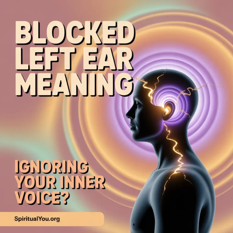 3D illustration left silhouette with lavender intuitive vortex blocking ear, golden inner light struggling against peach background. Giant bold white text BLOCKED LEFT EAR MEANING with intuition silencing subtitle, symbolizing feminine energy, inner voice blockage, and emotional suppression spiritual lessons.